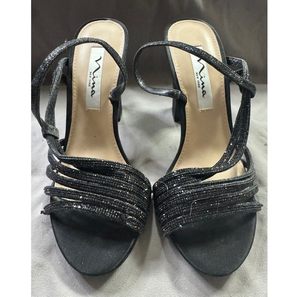 Nina New York Sandals 7M Black Glitter Multi-Strap Block‎ Heel Evening Shoes